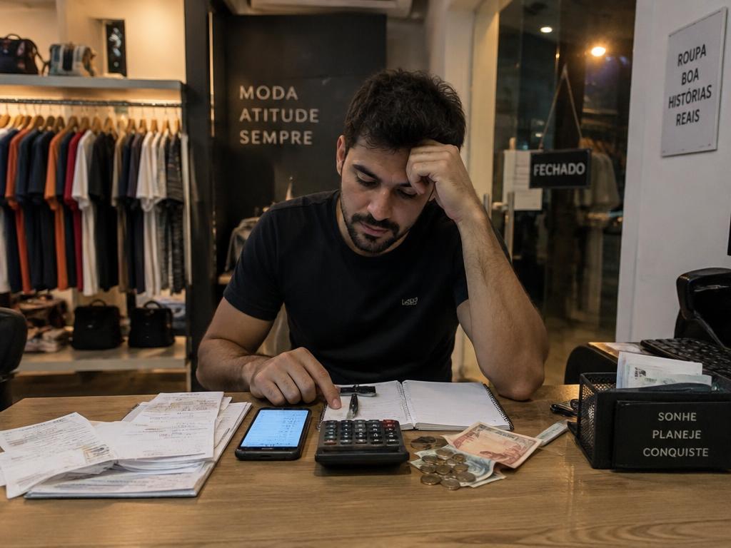 Dono de loja de roupas cansado conferindo o caixa com calculadora após o expediente