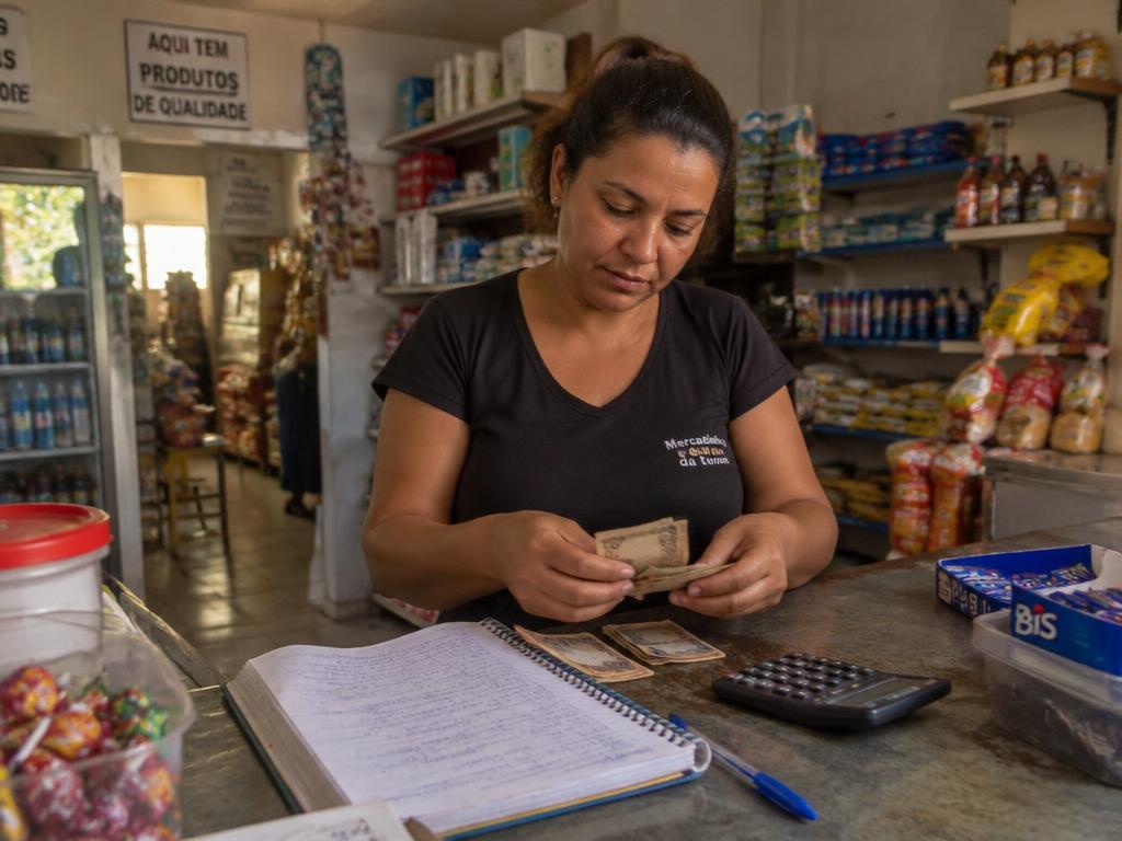 Dona de mercadinho contando dinheiro ao lado de um caderno de anotações